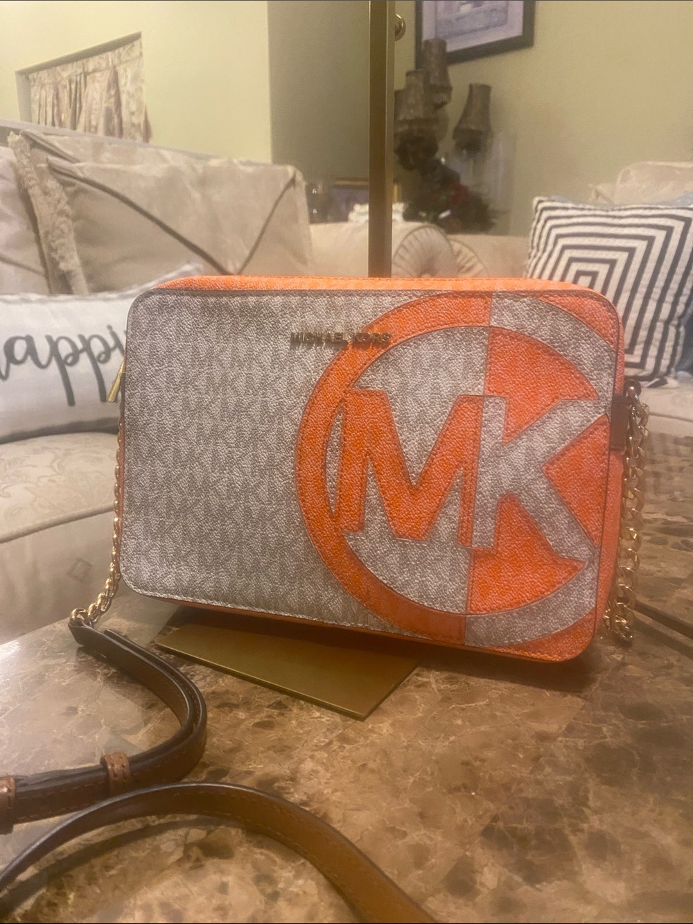 Michael Kors Beige and Orange Logo Crossbody Bag